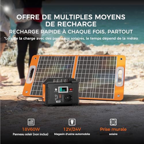 Station électrique portable avec panneau solaire 60W recharge plage camping