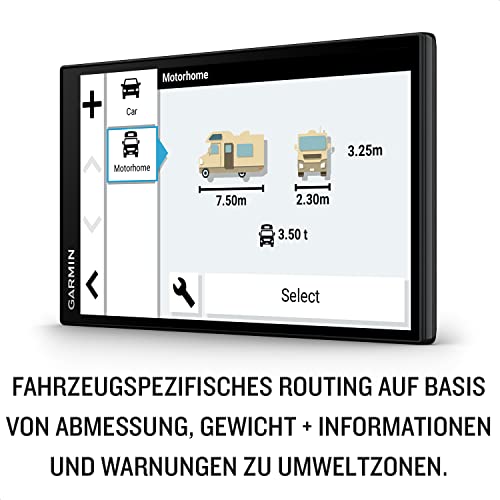 Configuration véhicule GPS Garmin avec dimensions hauteur 3,25m largeur 2,30m poids 3,50t