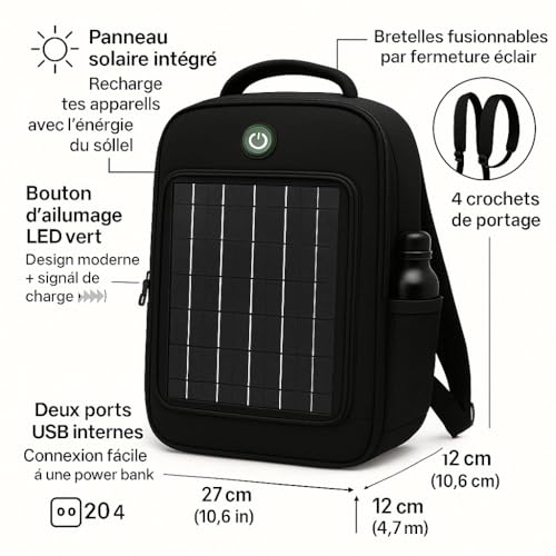 Vue détaillée panneau solaire LED verte ports USB bretelles fusionnables 4 crochets
