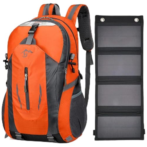 Sac à dos orange 40L avec panneau solaire pliable 20W pour randonnée et camping