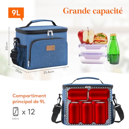 Sac isotherme 9L dimensions 25,4x17x20cm contient 12 canettes 330ml compartiment principal spacieux