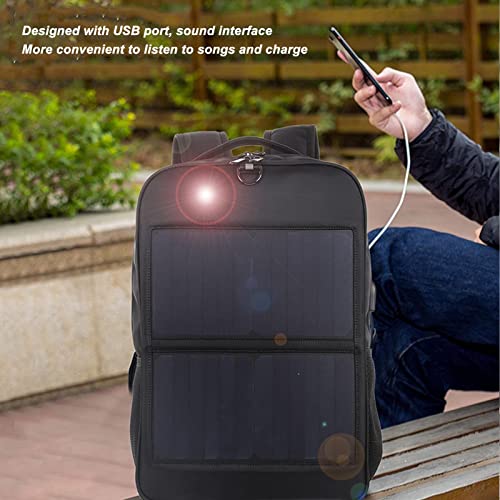 Sac à dos avec panneau solaire chargeant un smartphone via port USB en extérieur