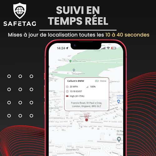 Interface application SafeTag montrant actualisation position GPS toutes les 10 à 40 secondes