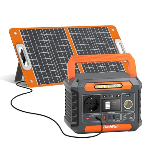 Station électrique portable FlashFish 300W avec panneau solaire 60W pliable orange et gris