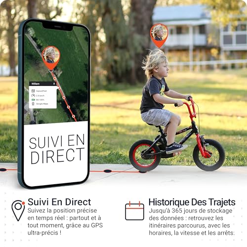 Enfant à vélo suivi en temps réel via application GPS PAJ sur smartphone