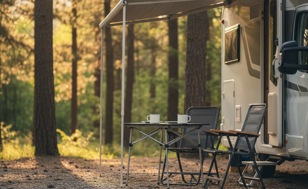 Table de camping pliante dressée sous un auvent de camping-car en forêt avec lumière dorée Table de camping pliante dressée sous un auvent de camping-car en forêt avec lumière dorée