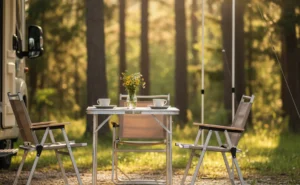Table de camping pliante installée sous un auvent de camping-car en forêt avec vaisselle et lumière dorée