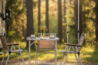 Table de camping pliante installée sous un auvent de camping-car en forêt avec vaisselle et lumière dorée