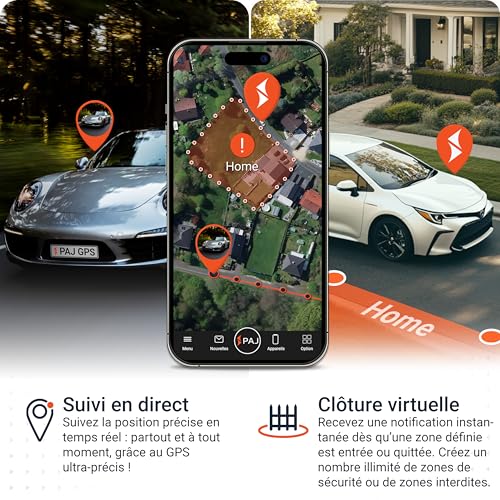 Application PAJ GPS montrant suivi en direct et clôture virtuelle géographique sur smartphone