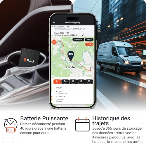 Traceur GPS PAJ dans véhicule avec autonomie 40 jours et historique trajets application