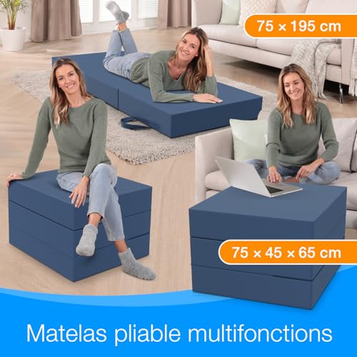 Matelas pliable ELONEO utilisé comme fauteuil et cube d'assise multifonctions