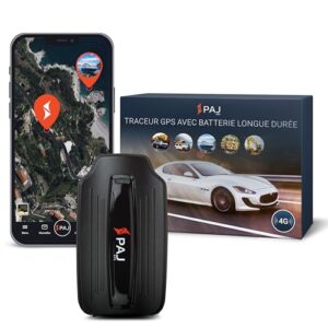 Traceur GPS PAJ Power Finder 4G avec boîtier noir, smartphone et emballage