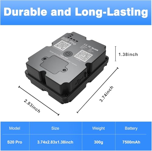 Spécifications techniques tracker GPS S20 Pro dimensions 9,47x7,37x3,5cm batterie 7500mAh poids 300g
