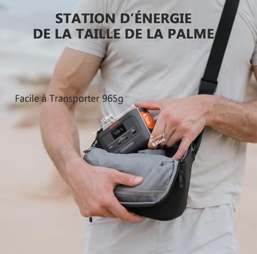 Homme transportant facilement station Jackery 965g dans sacoche comparaison taille paume main