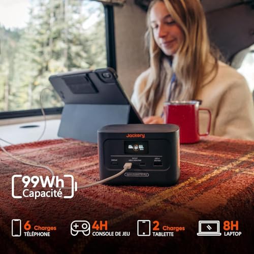 Femme utilisant station Jackery 99Wh dans camping-car avec tablette et tasse rouge