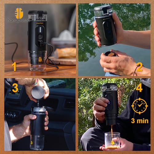 4 étapes d'utilisation cafetière portable : charge USB, remplissage, insertion capsule, préparation 3 minutes