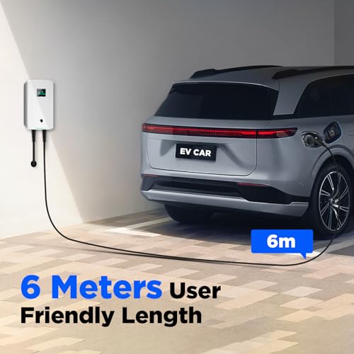 Câble de charge 6 mètres reliant la wallbox Morec au véhicule électrique dans garage moderne