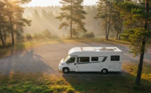 Panneaux solaires sur toit de camping-car blanc en pleine nature avec lumière matinale dorée
