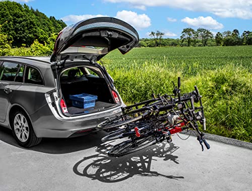 Porte-vélo EUFAB Amber 3 basculé permettant accès au coffre voiture avec 3 vélos chargés