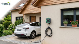 Borne de recharge murale installée sur la façade d'une maison, voiture électrique branchée en charge à domicile