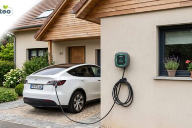 Borne de recharge murale installée sur la façade d'une maison, voiture électrique branchée en charge à domicile