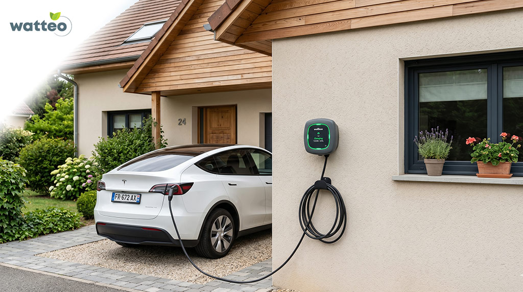 Borne de recharge murale installée sur la façade d'une maison, voiture électrique branchée en charge à domicile