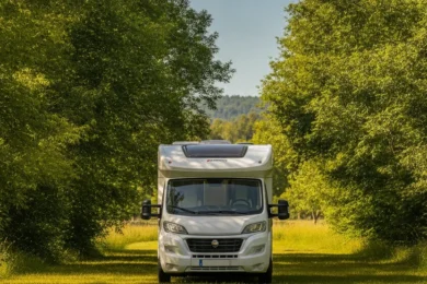 Camping-car blanc en plein soleil l été, illustrant le besoin de climatisation
