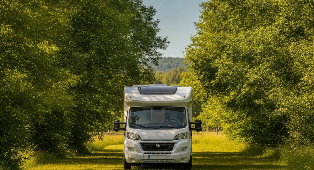 Camping-car blanc en plein soleil — la chaleur estivale qui rend la climatisation nécessaire
