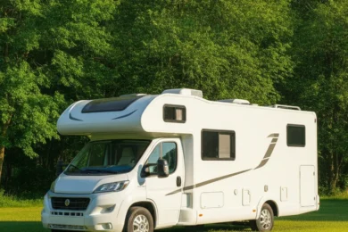 Camping-car moderne au soleil avec climatiseur de toit visible, pour le calcul des BTU