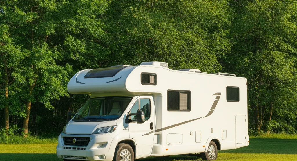 Camping-car moderne au soleil avec climatiseur de toit visible, pour le calcul des BTU