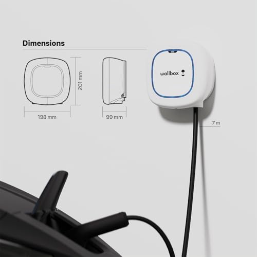 Schéma des dimensions du chargeur Wallbox Pulsar Max 201x198x99mm avec câble 7m monté au mur