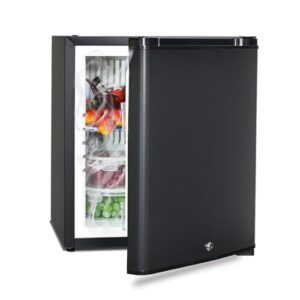 Mini frigo Smad 30L noir avec porte ouverte montrant l'intérieur éclairé et les produits stockés