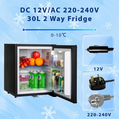 Infographie technique frigo 2 voies DC 12V AC 220-240V avec plage température 0-10°C