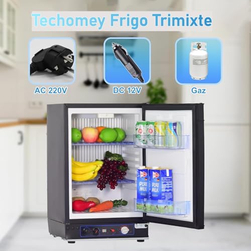Infographie des 3 modes d'alimentation du frigo Techomey AC 220V DC 12V et gaz