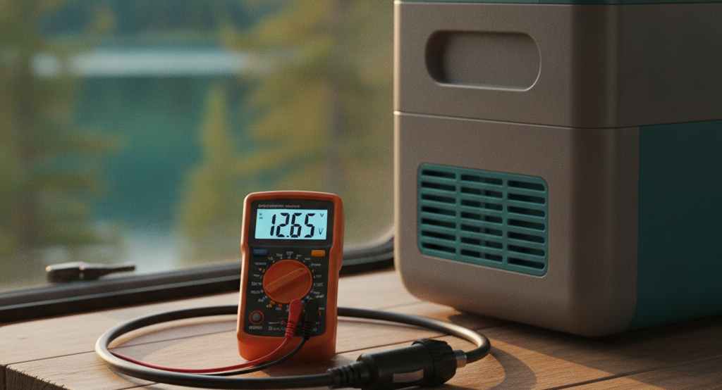 Multimètre mesurant la tension d alimentation d une glacière à compression en 12 V