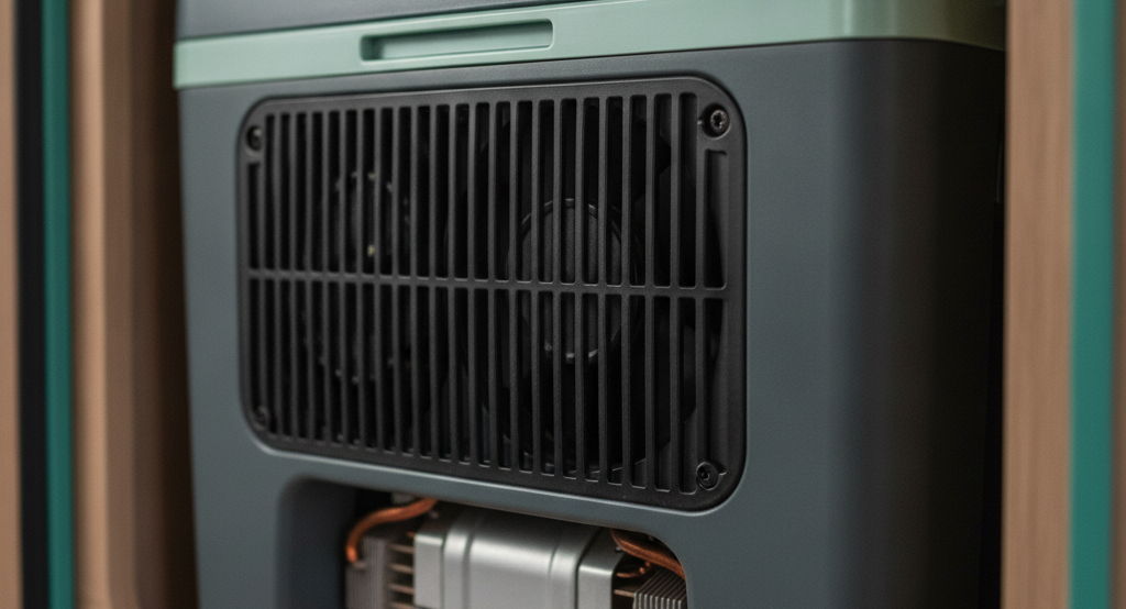 Grille de ventilation et compresseur d une glacière à compression, avec dégagement pour l air
