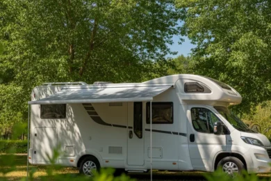 Camping-car blanc stationné à l ombre des arbres en plein été pour rester au frais en canicule