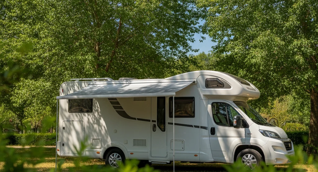 Camping-car blanc stationné à l ombre des arbres en plein été pour rester au frais en canicule