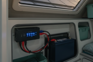 Chargeur connecté à une batterie auxiliaire de camping-car, panneau solaire visible