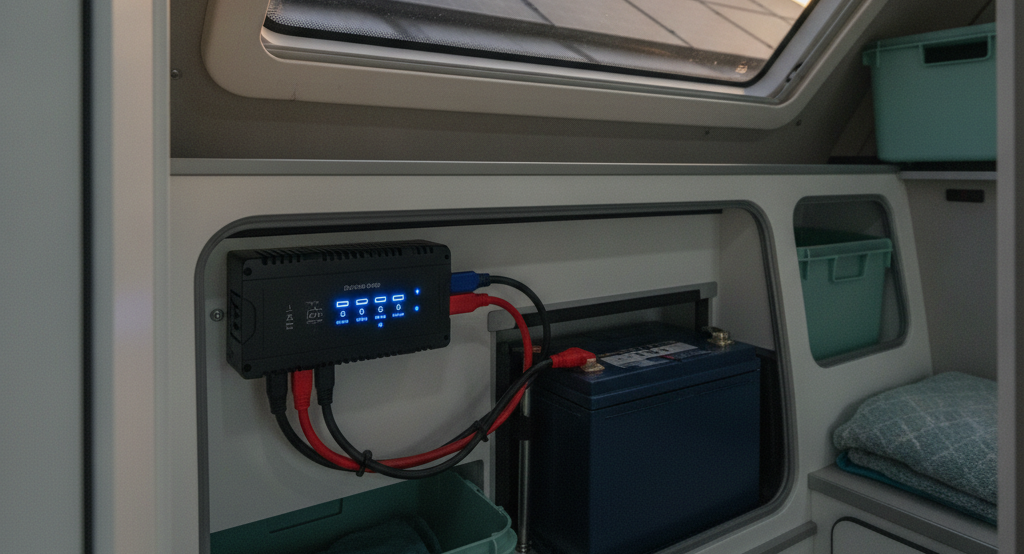 Chargeur connecté à une batterie auxiliaire de camping-car, panneau solaire visible