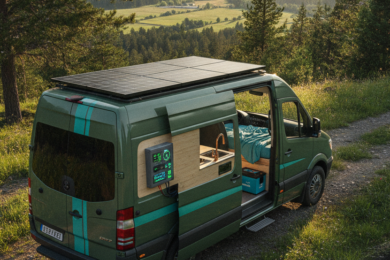 Van avec panneaux solaires sur le toit et installation électrique intérieure