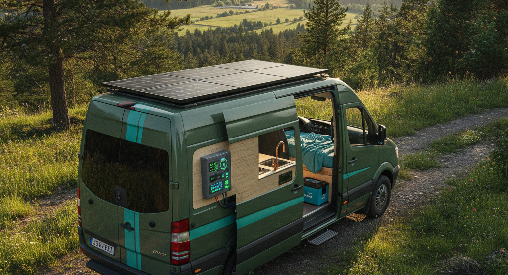 Van avec panneaux solaires sur le toit et installation électrique intérieure