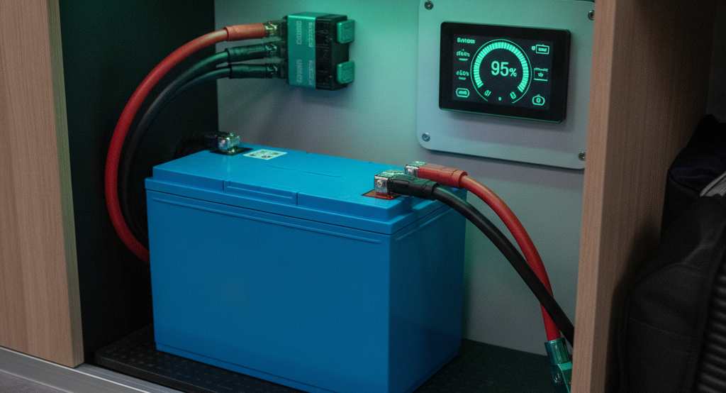 Batterie lithium LiFePO4 de servitude et moniteur de charge installés dans un van