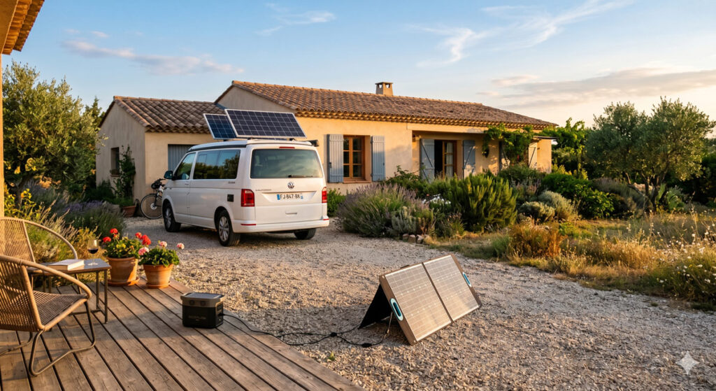 Camping-car équipé de panneaux solaires devant une maison avec un kit solaire à brancher posé au sol