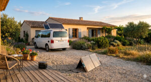 Camping-car équipé de panneaux solaires devant une maison avec un kit solaire à brancher posé au sol