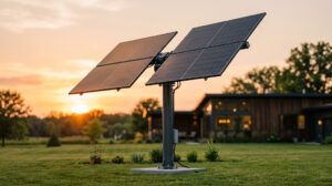 Tracker solaire deux axes à quatre panneaux dans un jardin de particulier au coucher du soleil