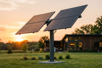 Tracker solaire deux axes à quatre panneaux dans un jardin de particulier au coucher du soleil