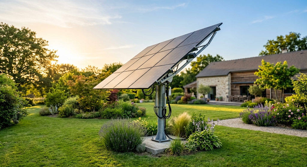 Tracker solaire compact à quatre panneaux dans un petit jardin, orienté vers le soleil