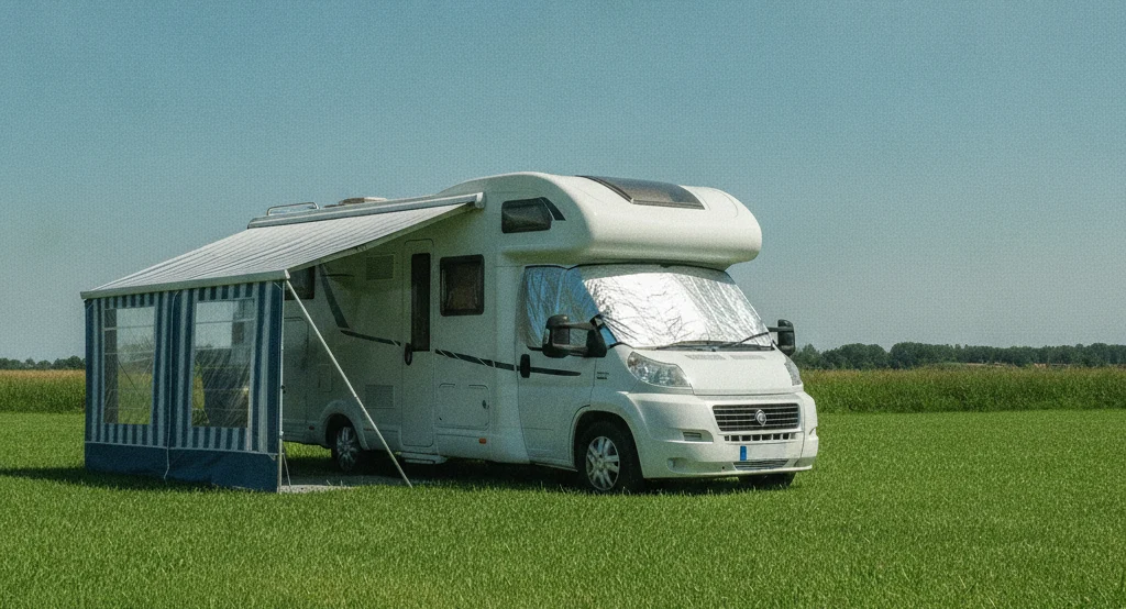 Camping-car avec auvent deploye pour se proteger du soleil en ete