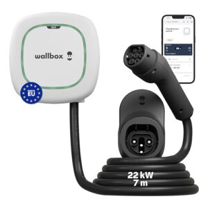 Borne de recharge Wallbox Pulsar Max 22kW blanche avec câble Type 2 de 7 mètres et application mobile